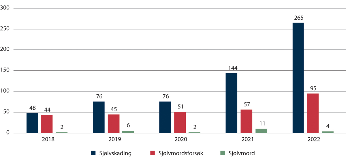 Figur 1.6 Talet på sjølvskading, sjølvmordsforsøk og sjølvmord blant innsette i fengsel