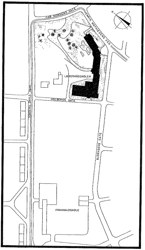 Figur 3.1 Situasjonsplan. Norges lærerhøgskole, nybygget
på Rosenborg 1960