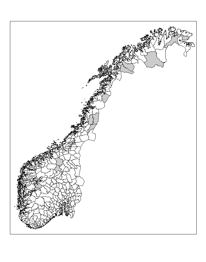 Figur 7-8 Kommuner med leveområder for fjellrev i Norge i perioden 1988-1997