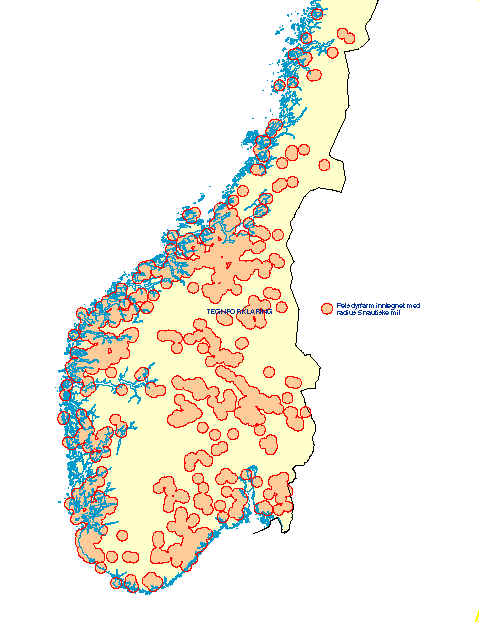 Figur 1-10 Kart over pelsdyrfarmer i Sør-Norge inntegnet med sirkel med en radius på 5 nautiske mil