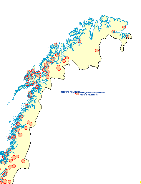Figur 1-11 Kart over pelsdyrfarmer i Nord-Norge inntegnet med sirkel med en radius på 5 nautiske mil