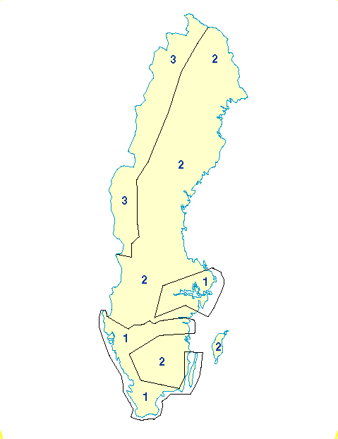 Figur 1-15 Kart over den overordnede militære soneinndeling av lavflygingsaktivitet i Sverige