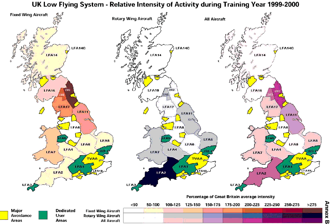 Figur 1-16 Kart over den overordnede militære soneinndeling av lavflygingsaktivitet i Storbritannia