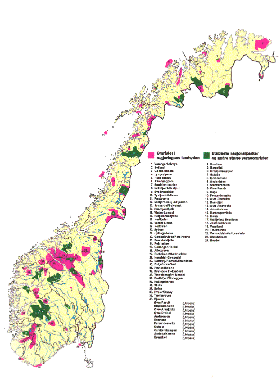 Figur 1-7 Kart over verneområder i regjeringens landsplan samt etablerte verneområder