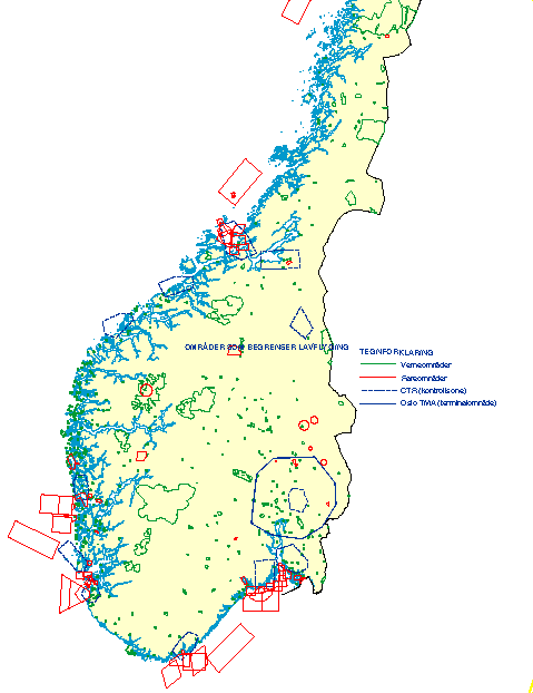 Figur 1-8 Kart over fareområder som begrenser lavflyging samt verneområder i Sør-Norge