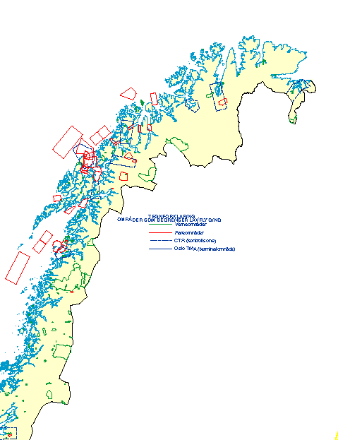 Figur 1-9 Kart over fareområder som begrenser lavflyging samt verneområder i Nord-Norge