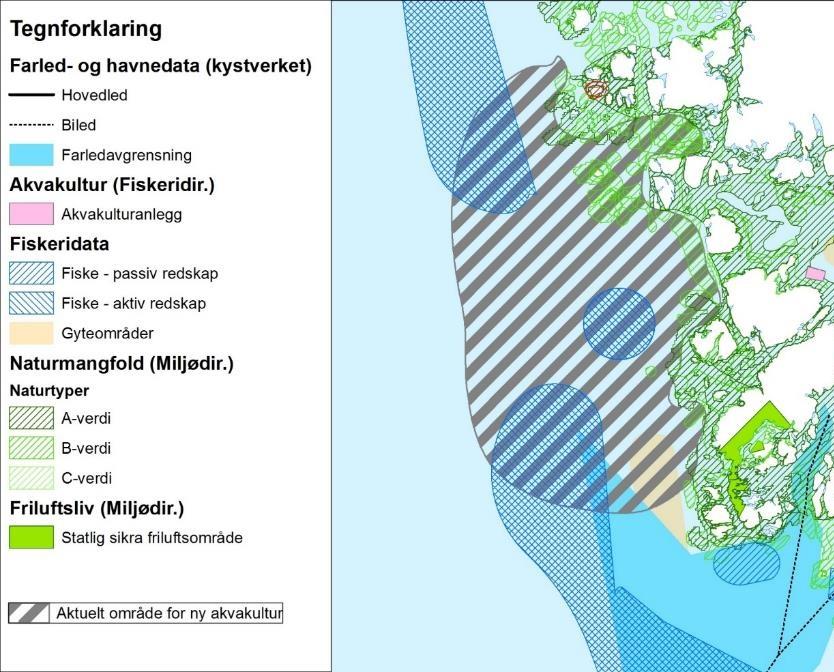 Temakart som viser et område der det vurderes å avsette et nytt areal for akvakultur.