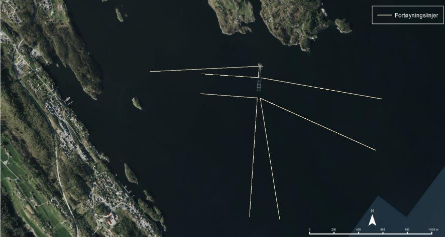 Ortofoto av oppdrettsanlegg for laks/ørret, med og uten fortøyninger.
