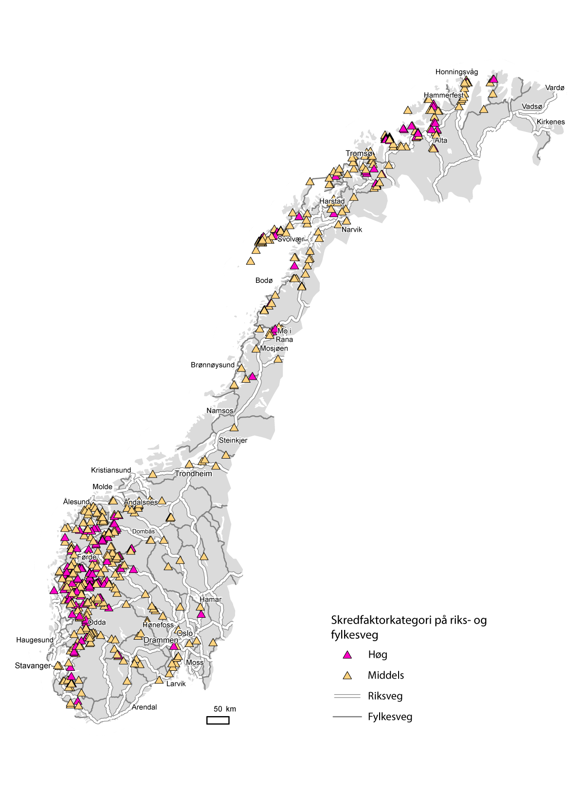 Figur 12.1 Kart over skredpunkt med høg og middels skredfaktor.