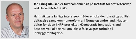 Portrett av Jan Erik Klausen og teksten: Jan Erling Klausen er førsteamanuensis på Institutt for Statsvitenskap ved Universitetet i Oslo. Hans viktigste faglige interesseområder er lokaldemokrati og politisk deltagelse samt kommunereformer i Norge og andre land. Klausen deltar for tiden i NFR-prosjektet «Democratic Innovations and Responsive Politicians» om lokale folkevalgtes forhold til innbyggerdeltagelse.