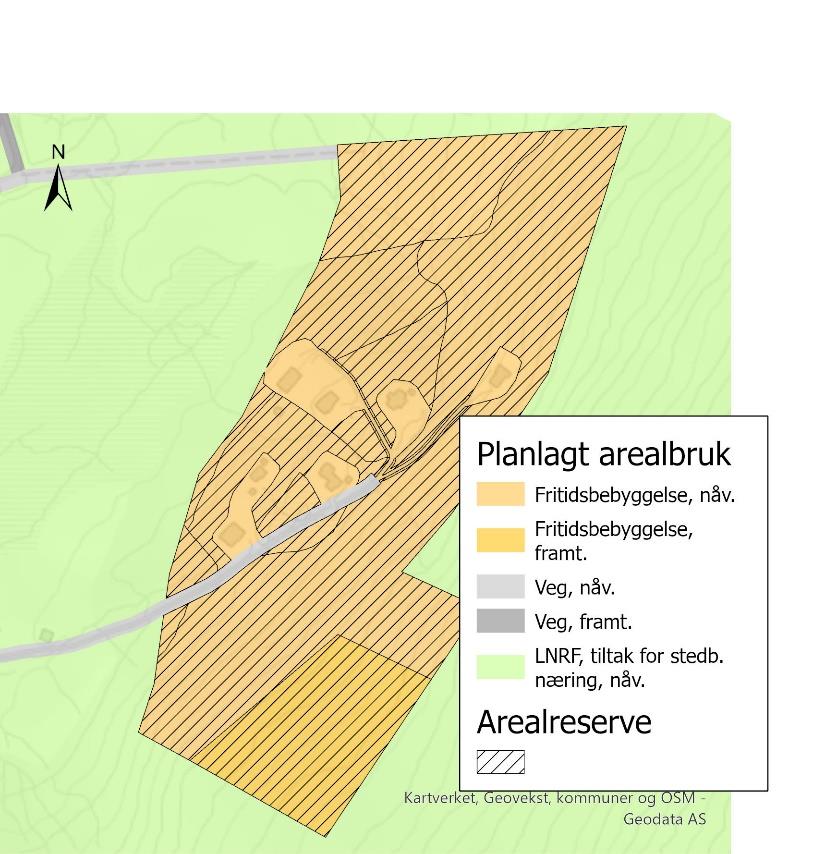 Kart som viser planlagt arealbruk, faktisk arealbruk og naturtyper. Arealreserven er områder som er avsatt til utbyggingsformål, men som ikke er utbygd. Disse er vist med skravur.