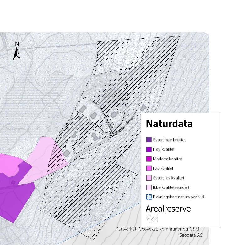 Kart som viser planlagt arealbruk, faktisk arealbruk og naturtyper. Arealreserven er områder som er avsatt til utbyggingsformål, men som ikke er utbygd. Disse er vist med skravur.