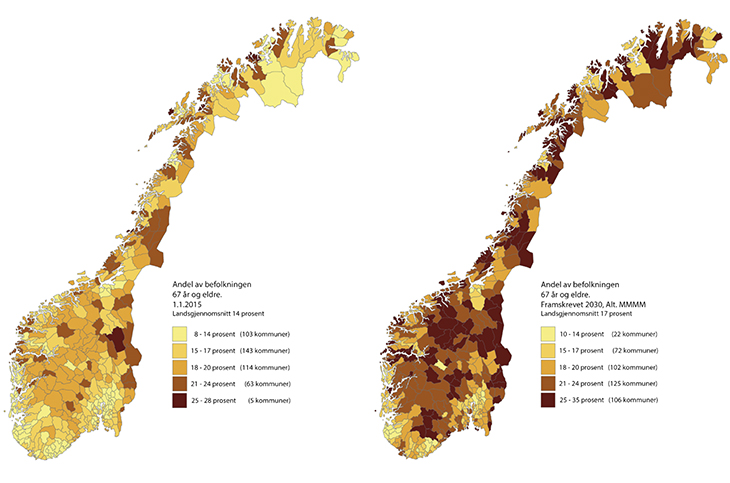Figur 4.3 Andel av befolkningen 67 år og eldre i 2015 og framskrevet til 2030