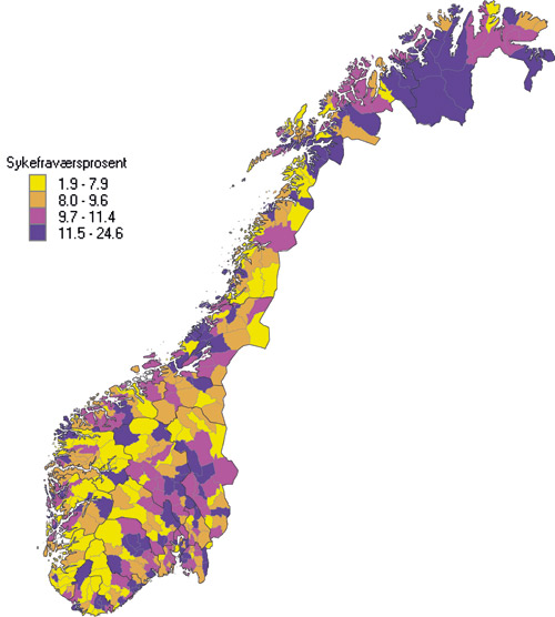 Figur 3.11 Sykefraværsprosenten (legemeldt) innenfor pleie- og omsorgstjenester for hver arbeidsstedskommune. Tredje kvartal 2009.
