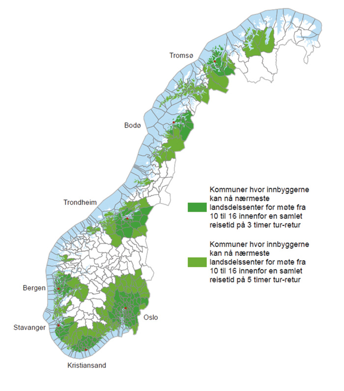 Figur 6.1 Kartfigur over reisetid til landsdelssenter