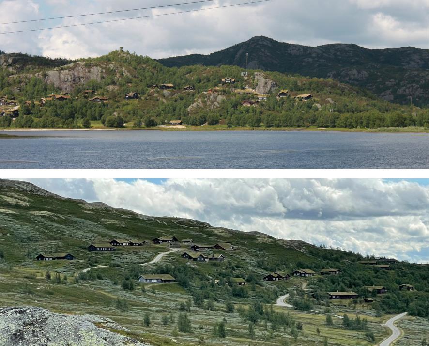 Bileta viser område der fjernverknaden er dempa ved å nytte torv på taka, mørke hovudfargar og vegetasjon mellom og rundt bygga. Det øvste biletet viser også korleis møneretning og høgd på byg-ga påverkar kor synlege dei er. Strandsona er i hovudsak halden fri for bygningar.