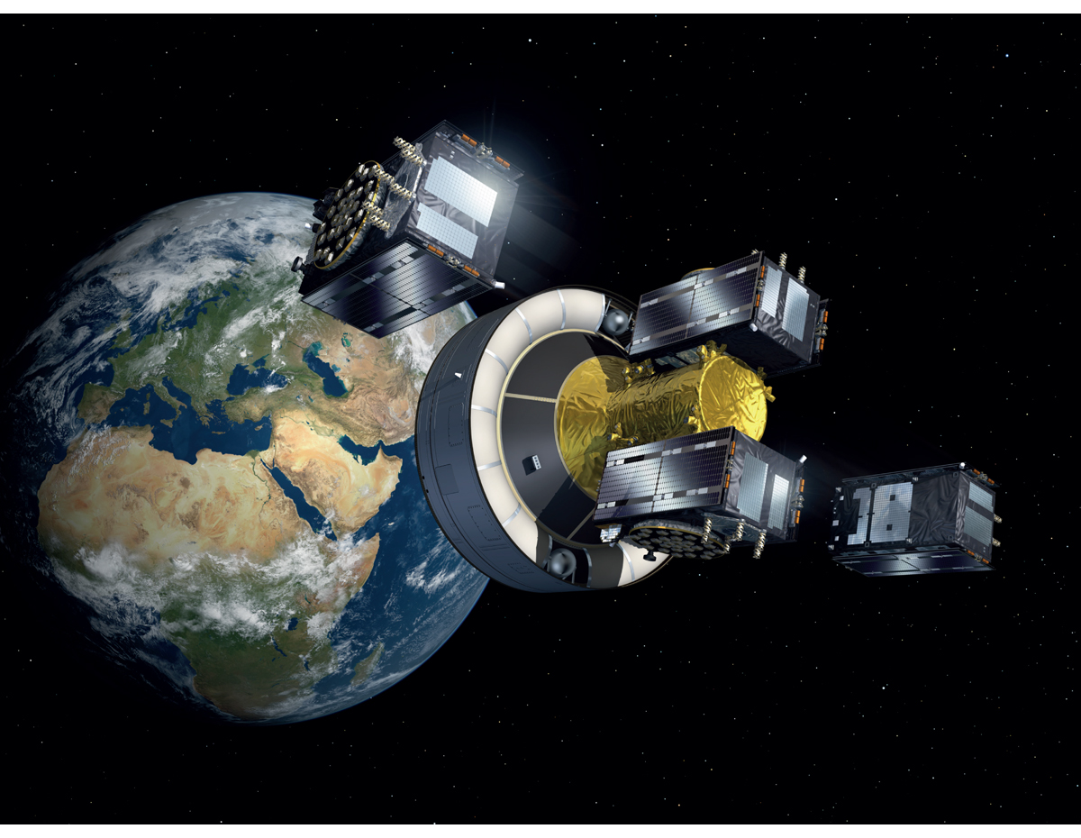 Figur 4.2 Fire Galileosatellitter settes ut i bane i nesten 23 000 kilometers høyde