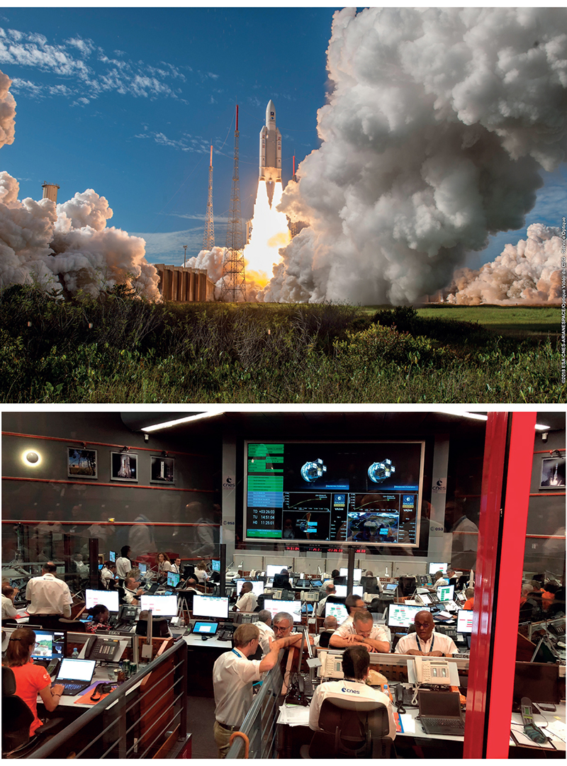 Figur 4.3 Øverst: Galileosatellitter skytes opp i en Ariane 5-rakett fra ESAs base i Kourou, Fransk Guyana
. Nederst: Fra kontrollrommet i Europe's Spaceport under oppskyting av Galileosatellitt, Guyana Space Centre i Fransk Guyana.
