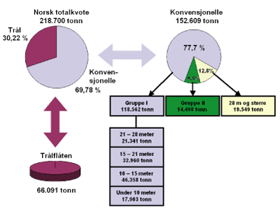 Figur 10.3 Fordeling av totalkvoten for torsk nord for 62N i 2005.