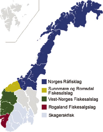 Figur 10.4 Oversikt over salgslagene i hvitfisksektoren. Norges Sildesalgslag organiserer omsetningen av pelagisk fisk over hele landet.