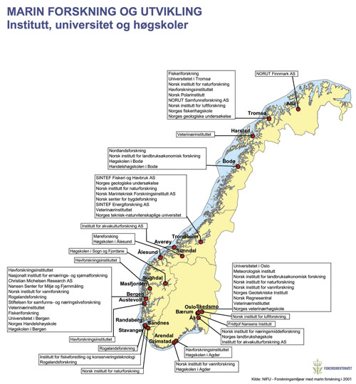 Figur 6.5 Kartet viser institusjoner som driver marin forskning.