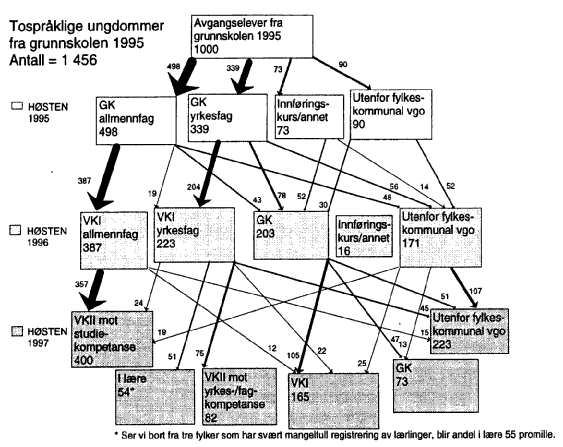 Figur 2.5 Gjennomstrømmingen i videregående opplæring fram til høsten 1997 blant tospråklig ungdom som gikk ut av grunnskolen våren 1995, framstilt i promille. Bevegelser av grupper som utgjør 10 promille eller mindre av totalt antall ungdommer, er ikke tegnet...