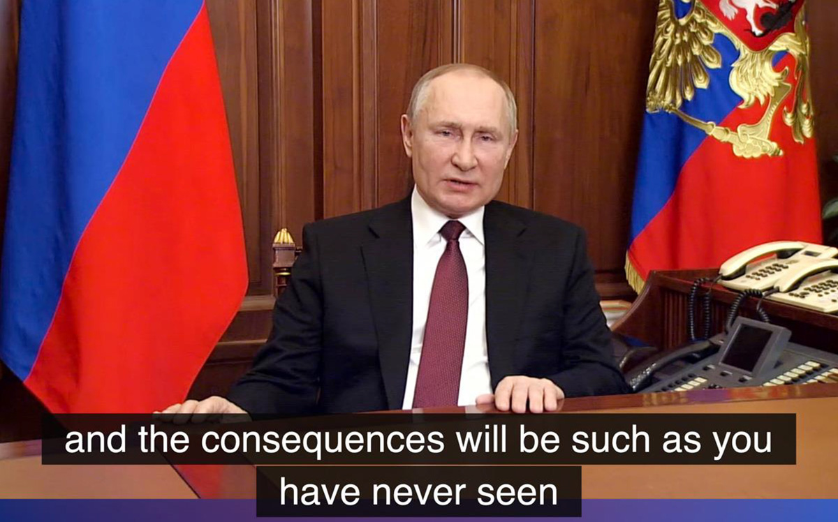 Figur 2.1 Russlands angrep på Ukraina den 24. februar 2022 er et vannskille i internasjonal politikk. Bildet viser Putin som advarer mot innblanding fra Vesten og truer med umiddelbare reaksjoner og historiske konsekvenser.
