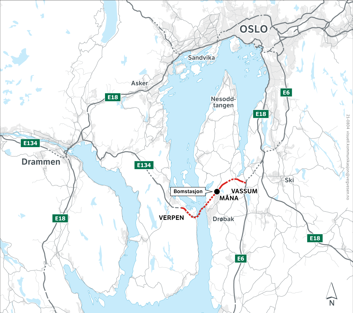 Figur 2.1 Oversiktskart for prosjektet E134 Oslofjordforbindelsen byggetrinn 2