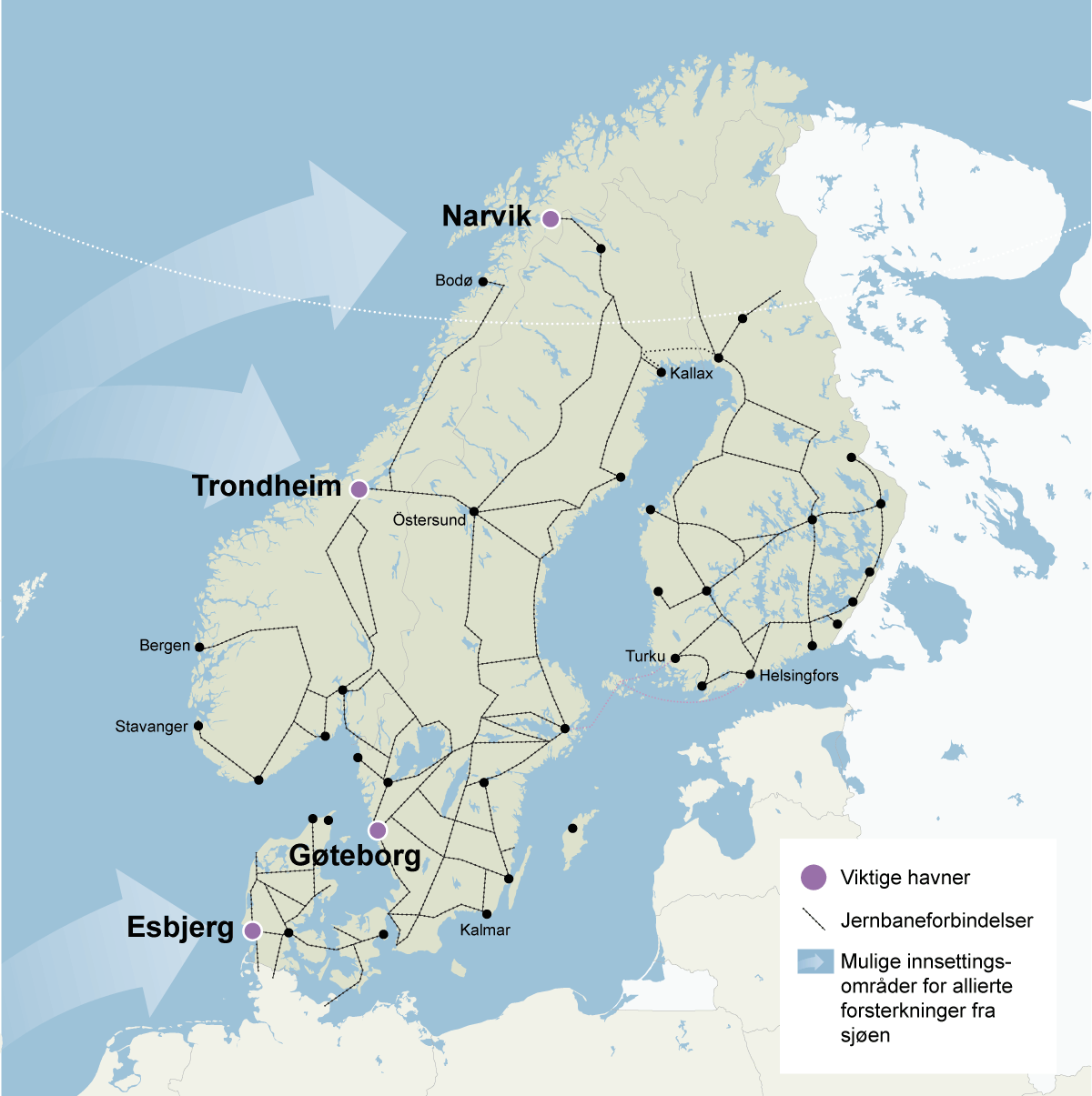 Figur 4.13 Utvidelsen av NATO gjør evnen til alliert mottak og understøttelse av allierte til et av Norges viktigste bidrag til nordisk og nord-europeisk sikkerhet i årene fremover. Kartet viser eksempler på viktig transportinfrastruktur og innsettingsområder f...
