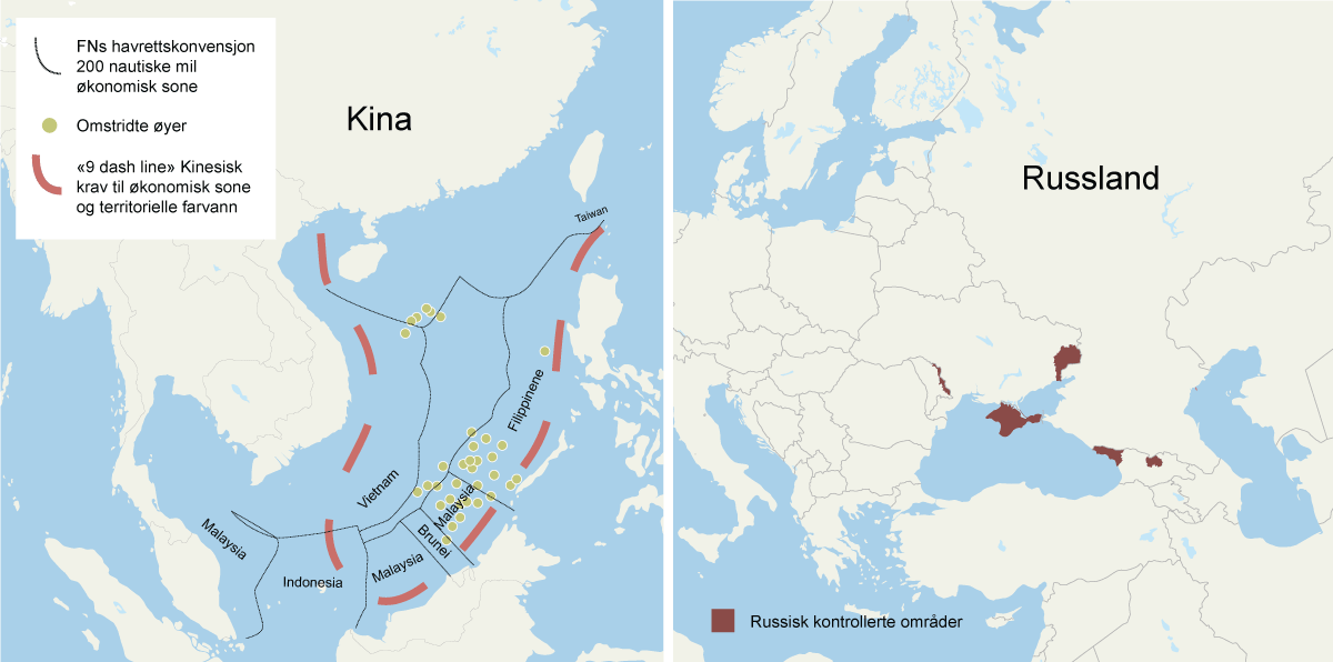 Figur 4.3 Kina og Russland utfordrer begge internasjonale regler for nasjonal suverenitet og selvbestemmelsesrett. Dette er i strid med Norges interesser, som er helt avhengig av internasjonale lover og regler følges. Bildet viser farvann og territorium i henh...