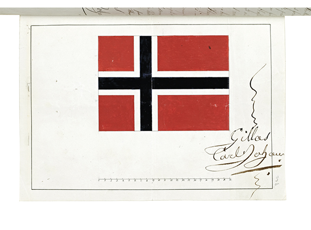 Figur 1.2 I 1821 gav Kong Carl Johan sin sanksjon til eit stortingsvedtak om eit norsk handelsflagg. Biletet viser vedlegget til kongeleg resolusjon av 13. juli 1821 med Carl Johans signatur.
