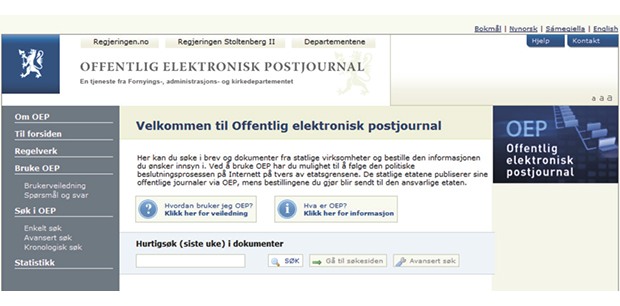 Figur 2.1 Inngang til offentleg elektronisk postjournal. www.oep.no