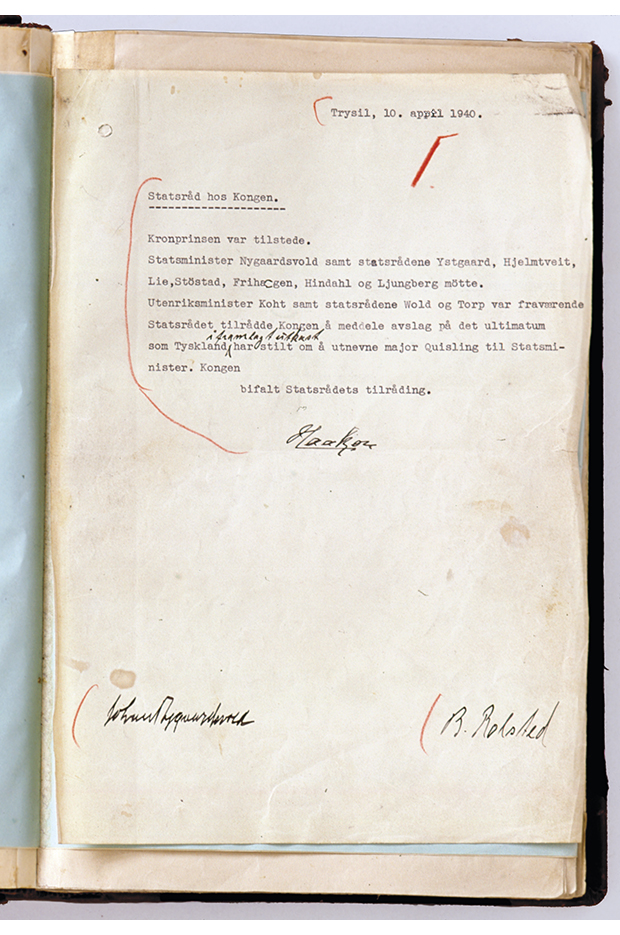Figur 2.12 Kongens «nei» 10. april 1940, underteikna av Kong Haakon og statsministeren. Avslaget på ultimatumet frå tyskarane om å utnemne Quisling til statsminister innebar i realiteten ei krigserklæring mot tyskarane.