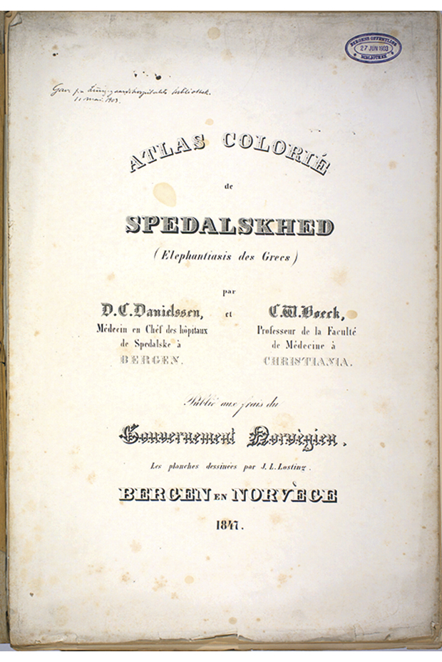 Figur 3.2 J.L. Lostings lepraatlas. Johan Ludvig Losting illustrerte Atlas Colorié de Spedalskhed, som følgde Daniel Cornelius Danielssen og Carl Wilhelm Boecks monografi «Om Spedalskhed» i 1847. Lostings illustrasjonar er unik dokumentasjon av pasientane på S...