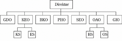 Figur 1.1 Forkortelser:OAO: Oahpahusossodat/OpplæringssavdelingHS: Hálddahussekjuvna/ForvaltnigsseksjonenOS: Ovdánáhttinsekjuvna/UtviklingsseksjonenGIO: Giellaossodat/SpråkavdelingGDO: Girjerájus- ja diehtojuohkinossodat/
Bibliotek- og informasjonsavdelingKEO: Kultur- ja ealáhusossodat/Kultur-
og næringsavdelingES: Ealáhussekjuvna/NæringsseksjonenKS: Kultursekjuvna/KulturseksjonenBKO: Birasgáhtten ja kultursuodjalanossodat/
Miljø- og kulturminnevernavdelingPHO: Plána- ja hálddahusossodat/Plan-
og administrasjonsavdelingSEO: Servodatossodat/Samfunnsavdeling