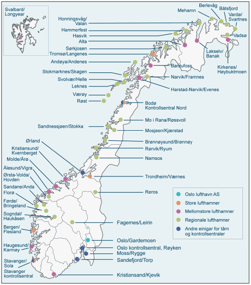 Figur 2.1 Lufthamner, tårn og kontrollsentralar i Avinor