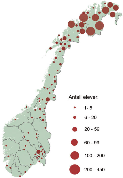 Figur 12.1 Kommuner med elever med samiskopplæring