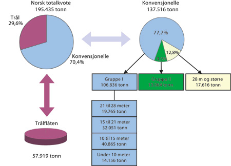 Figur 7.2 Fordeling av totalkvoten for torsk nord for 62°N i 2003