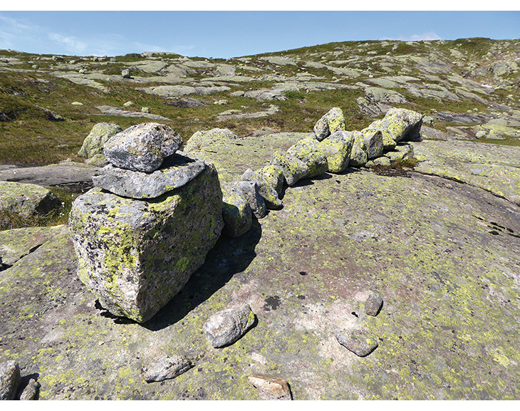 Figur 6.11 Brudleden, gammel ferdselsåre mellom Sirdal og Kvinesdal
. Steinrekken er laget av tidligere tiders brudefølger som gikk over fjellet.