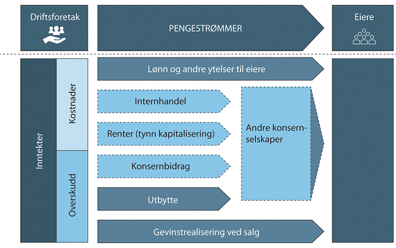 Figur 20.12 Oversikt over ulike pengestrømmer fra driftsforetak til eiere.