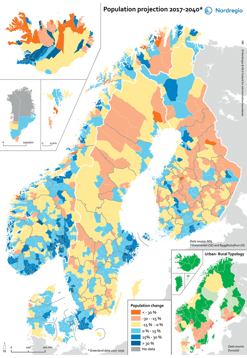 Figur 3.2 Befolkningsframskrivinger i Norden 2017–2040