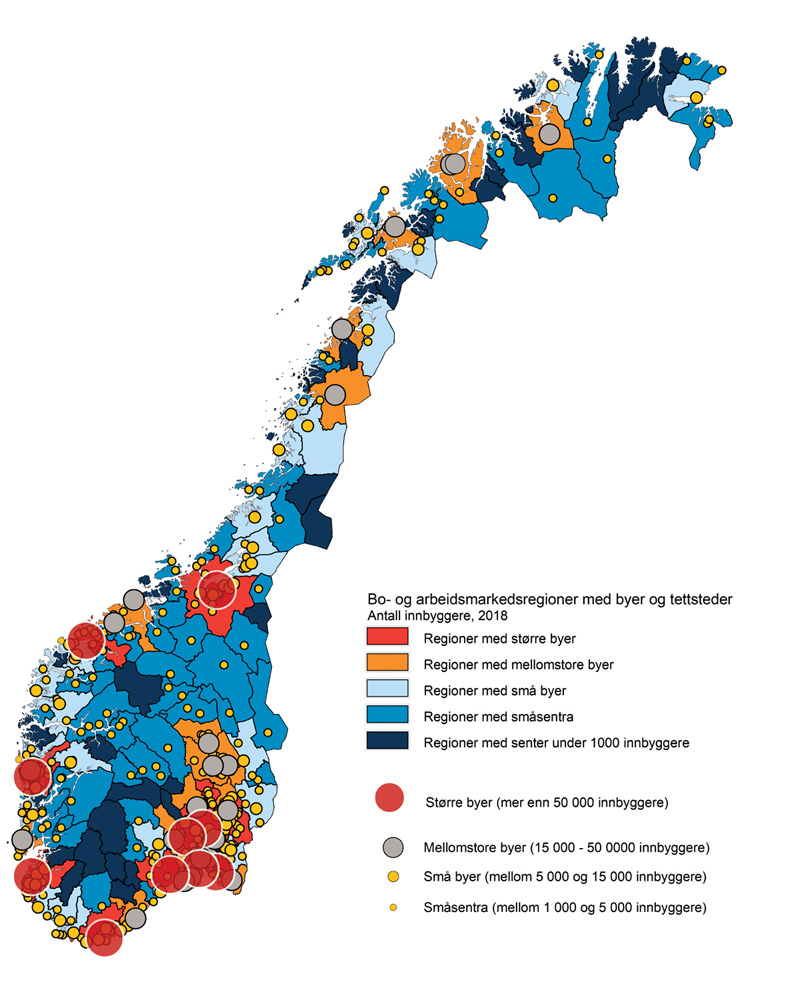 Figur 3.3 Bo- og arbeidsmarkedsregioner etter størrelse på største by eller senter i regionen