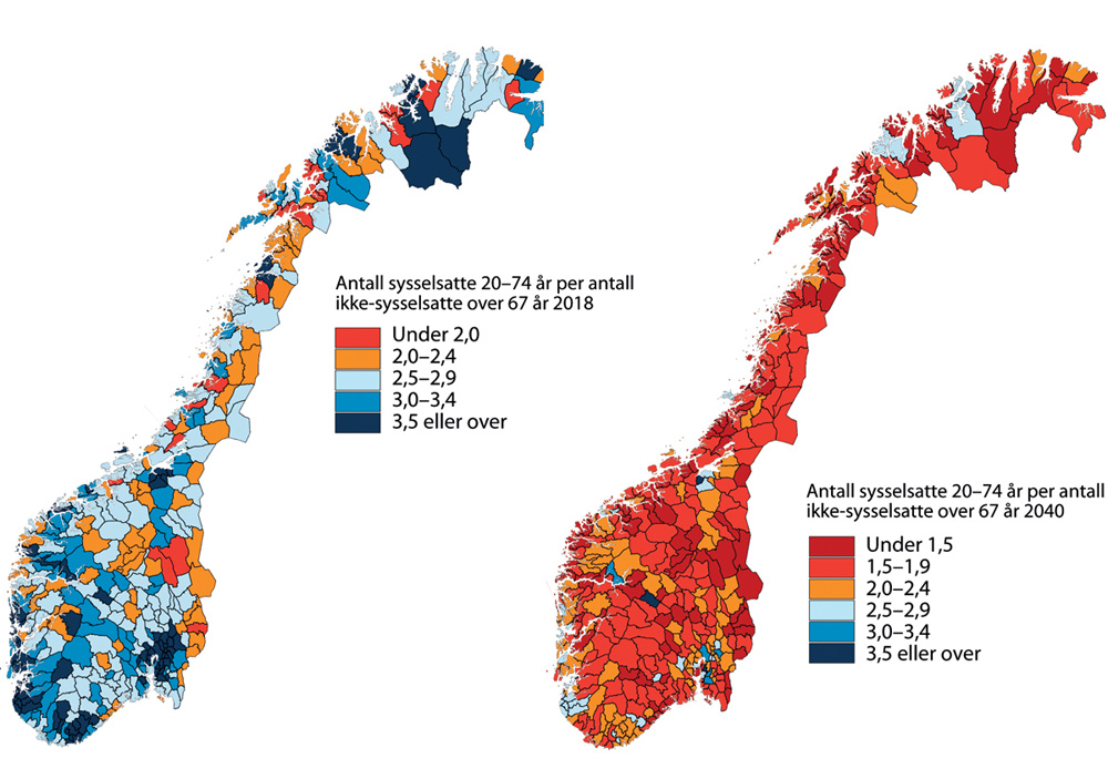 Figur 3.6 Antall sysselsatte 20–74 år per pensjonist 67 år eller eldre. 2018 (faktisk) og 2040 (framskrevet)