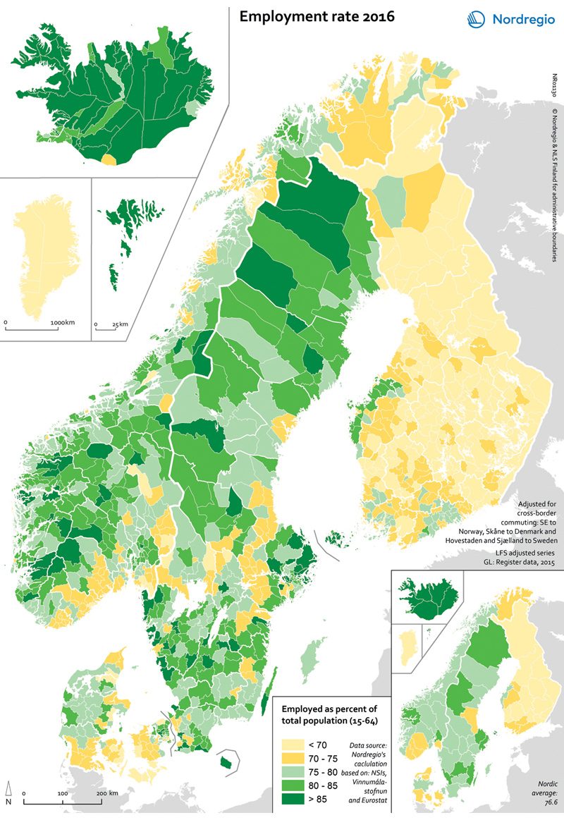 Figur 3.9 Sysselsettingsandel av befolkningen (15–64) i nordiske regioner i 2016