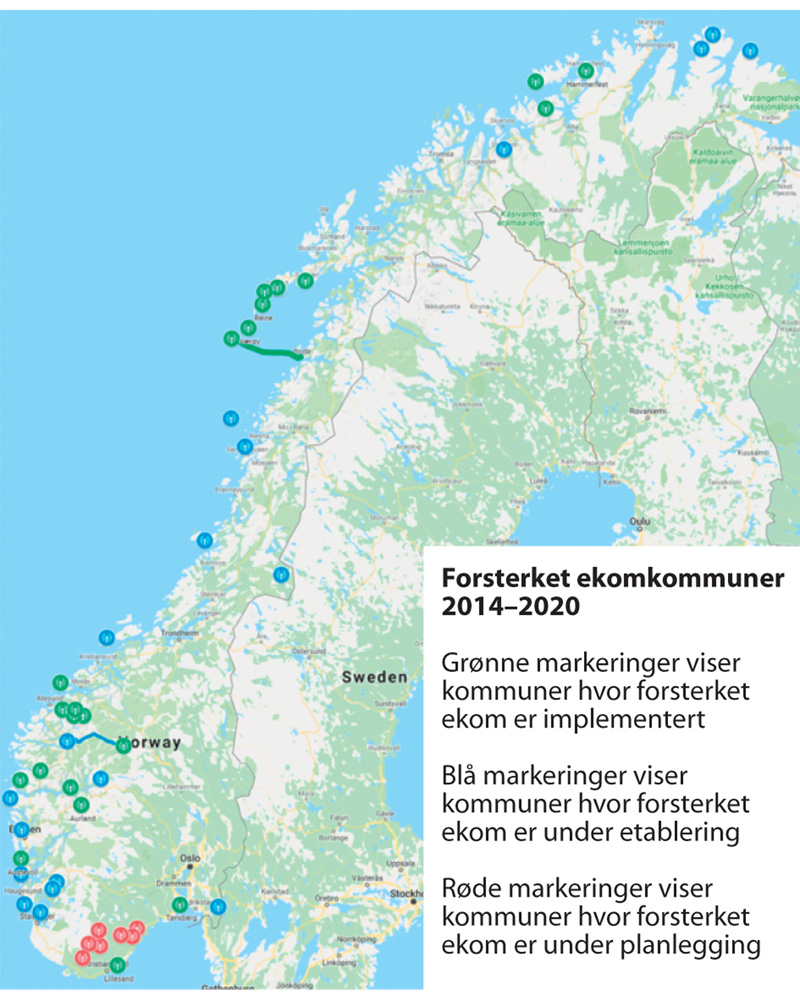 Figur 9.1 Oversikt over kommuner med forsterket ekom i perioden fra 2014 til planlagt i 2020.