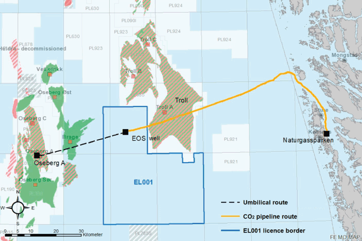 Figure 8.1 Location of exploitation licence EL001 with pipeline route and route for control cables