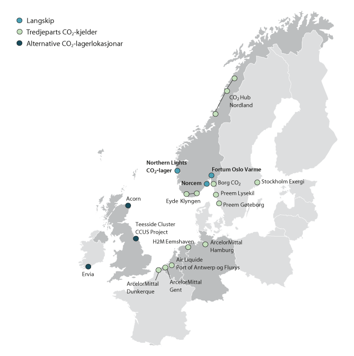 Figur 2.6 Aktørar tilknytt Northern Lights sitt Projects of Common Interest (PCI) for CO2-handtering.