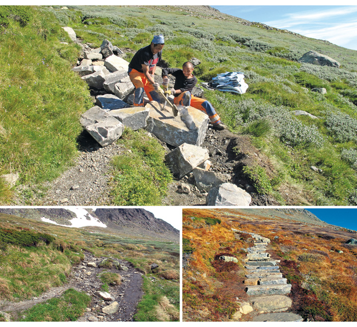Figur 4.11 Sherpaer i arbeid. Steinsetting av stier. Bildene under viser før og etter.