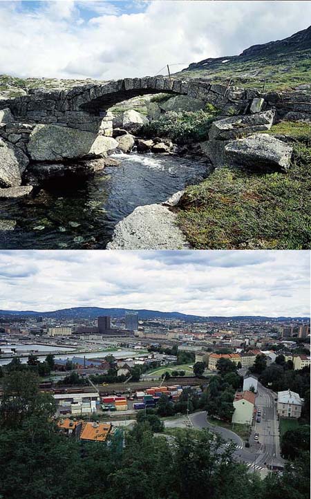 Figur 3.1 Mangfoldet i kulturarven. Bro på Hardangervidda og
Oslo sett fra Ekebergåsen