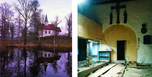 Figur 5.7 Skoger gamle kirke i Drammen hadde stort behov for vedlikehold.
Med råte i gulv og tak og hussopp i treverket, måtte
det omfattende restaureringsarbeider til. Kommunen tok økonomisk
ansvar og bygningen er nå satt i stand.